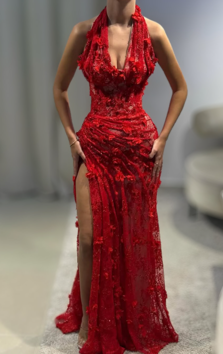 Floral Sheath Red Long Prom Dresses Lace Appliques Women Evening Gowns with Slits