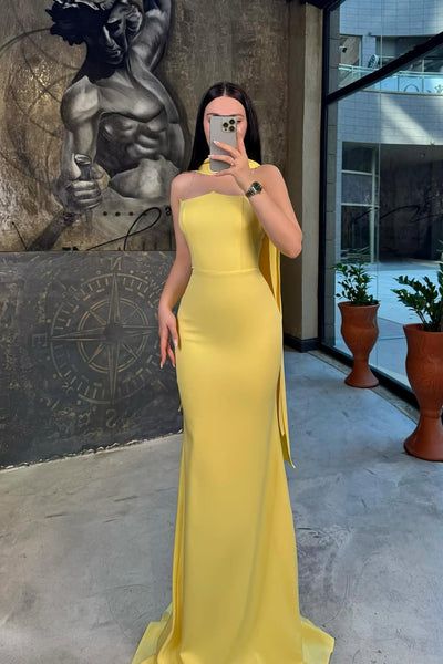 Sexy Sheath Yellow Long Prom Dresses Strapless Satin Birthday Evening Gowns
