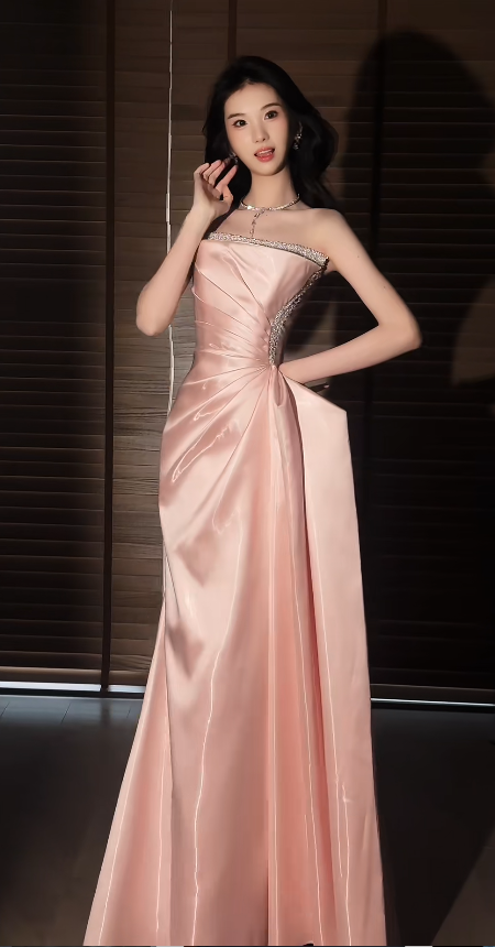 Strapless Sheath Long Prom Dresses Pink Formal Evening Gowns Sleeveless Party Dress