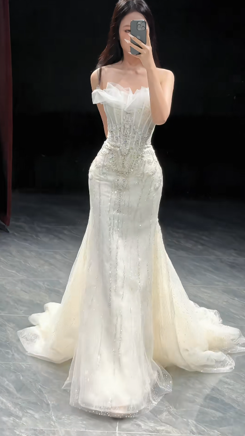 Luxury Strapless Mermaid Long Wedding Dresses Beaded Tulle White Bridal Gowns Women Bridal Dress