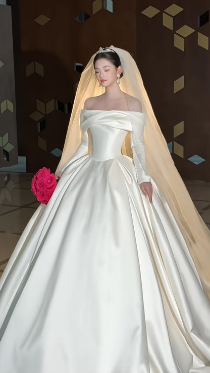 Luxury Off-shoulder Long Wedding Dresses Satin Bridal Gowns Long Sleeves Bridal Dress