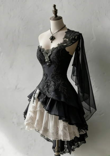 Gothic Black Asymmetrical One-shoulder A-Line Party Dress Draped Short Dresses