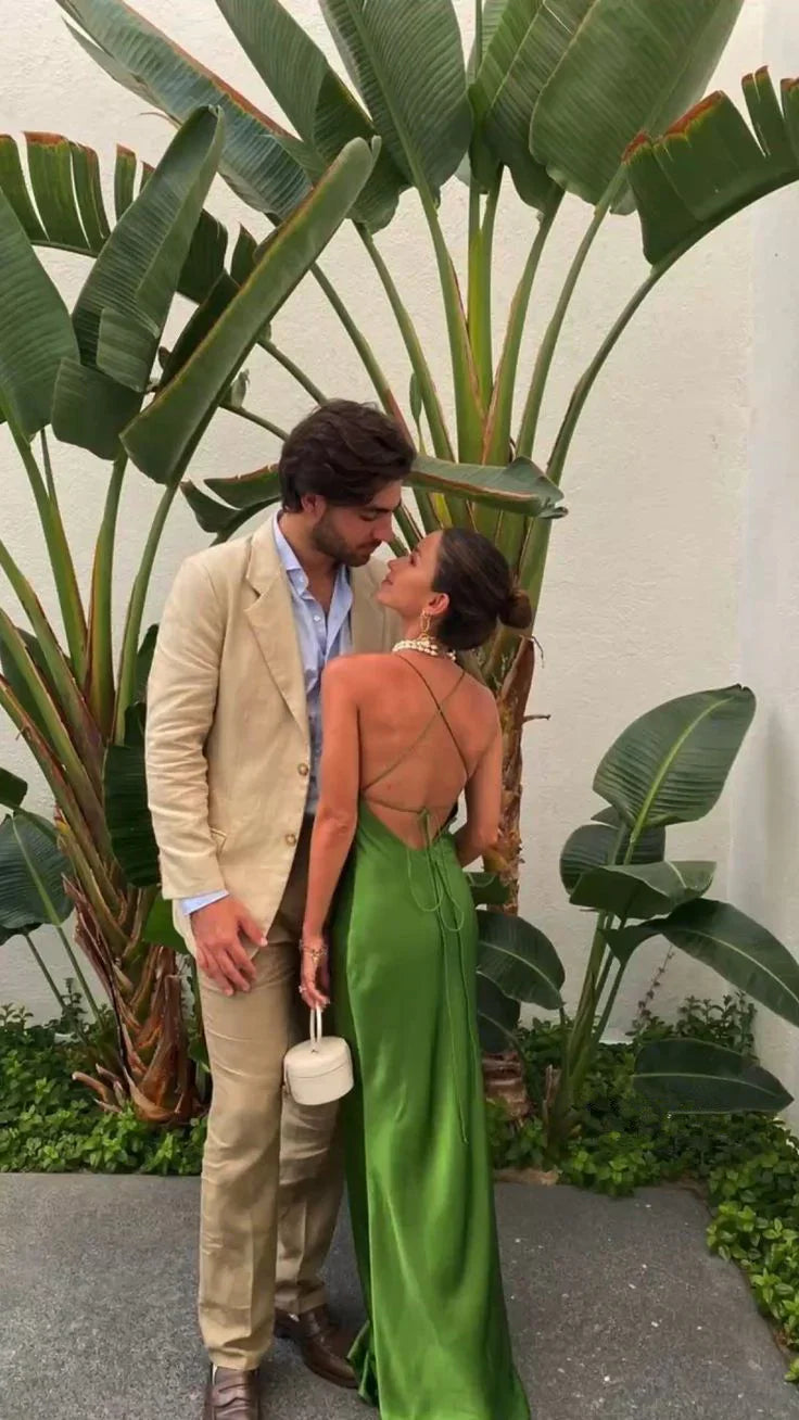Elegant Green Backless Long Prom Dress Stylish Party Dresses