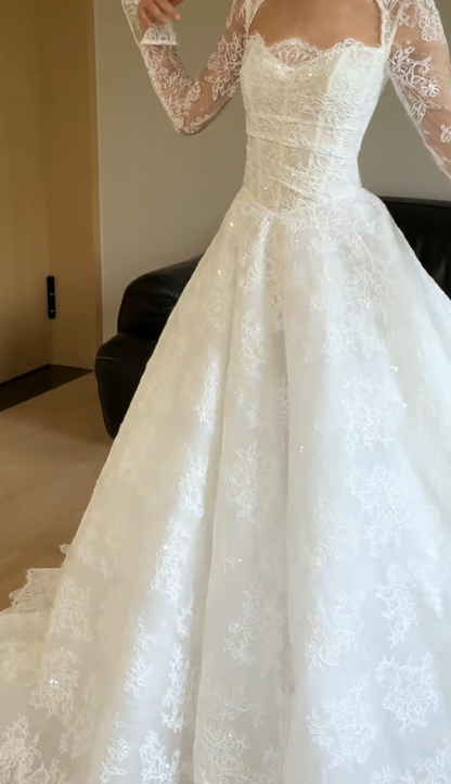 Beautiful Wedding Dresses with Appliques White Lace Bridal Gowns Long Sleeve Bridal Dresses