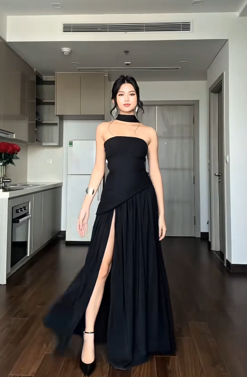 Elegant Strapless Long Prom Dresses with Slit Chiffon Leg Split Formal Outfit