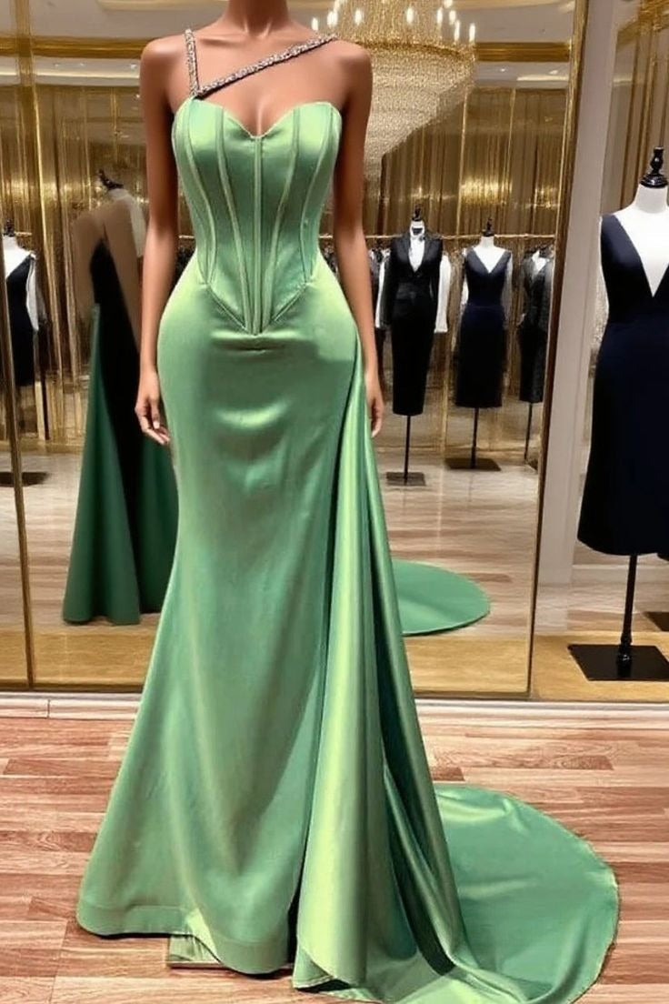 Chic Mermaid Long Prom Dresses Satin Green Wedding Party Dress
