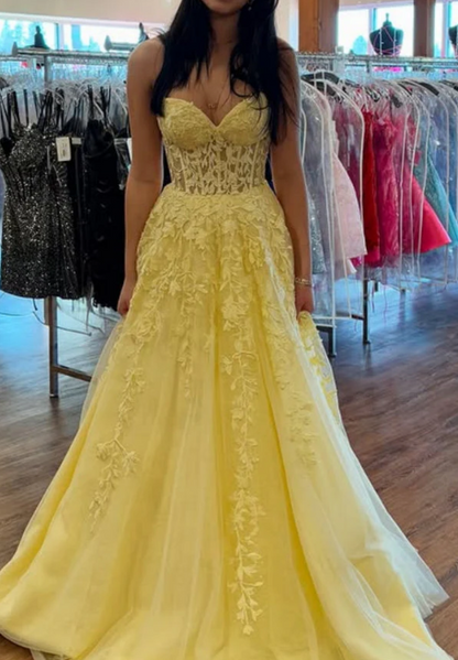 Sweetheart A-line Yellow Long Prom Dresses Floor Length Birthday Dress
