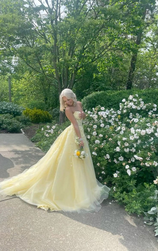 Sweetheart A-line Yellow Long Prom Dresses Floor Length Birthday Dress