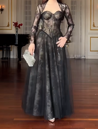 Elegant A-Line Black Long Prom Dresses Lace Birthday Dress with Jacket