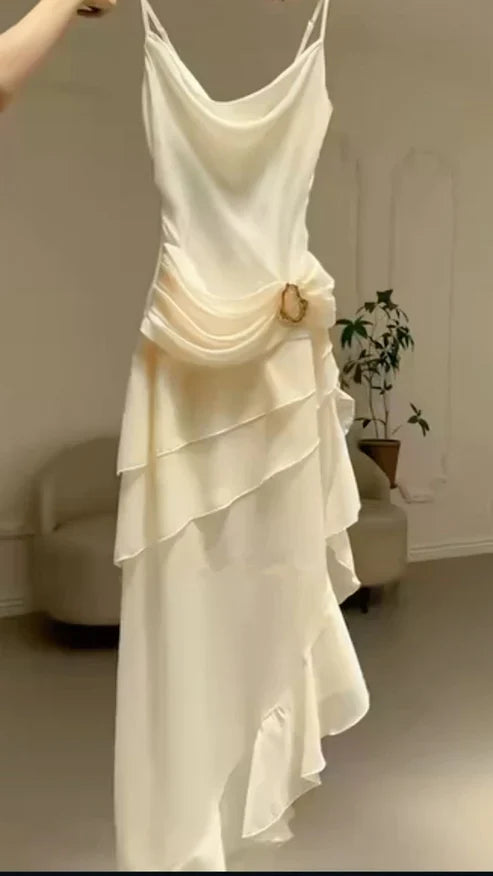 Spaghetti Straps Draped Cowl Neckline Chiffon Evening Gown Ruffled Asymmetrical Hemline