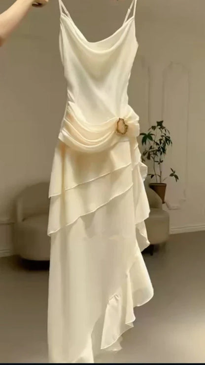 Spaghetti Straps Draped Cowl Neckline Chiffon Evening Gown Ruffled Asymmetrical Hemline