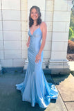 Fancy Double Straps Blue Satin Mermaid Long Dress