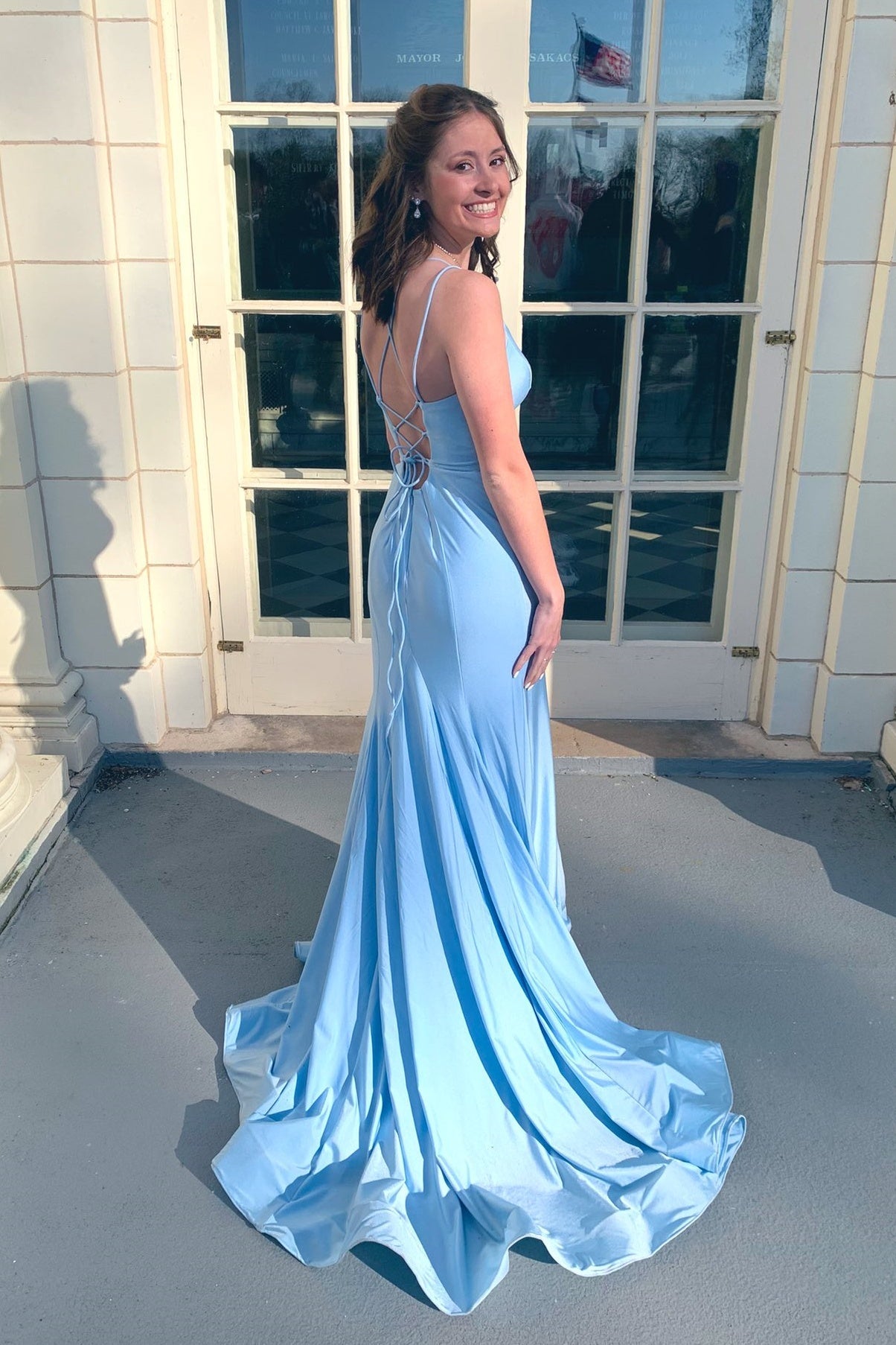 Double Straps Blue Satin Mermaid Long Dresses