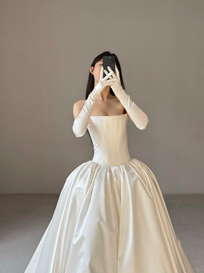 Beautiful Ball Gown Strapless White Satin Long Wedding Dress