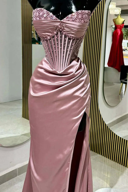 Sexy Prom Dress with Slit and Corset Ruched Bodycon Dresses Outfit Party