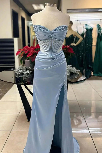 Sexy Prom Dress with Slit and Corset Ruched Bodycon Dresses Outfit Party