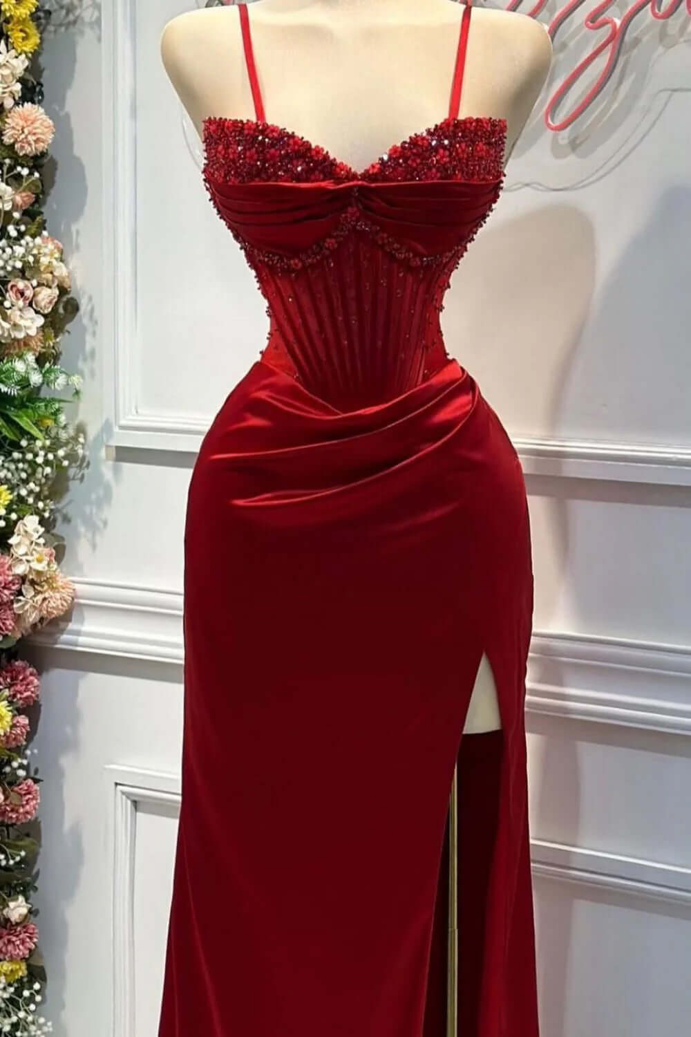 Sexy Prom Dress with Slit and Corset Ruched Bodycon Dresses Outfit Party