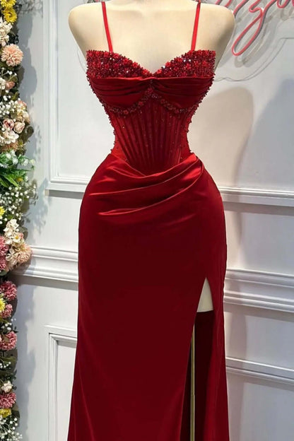 Sexy Prom Dress with Slit and Corset Ruched Bodycon Dresses Outfit Party