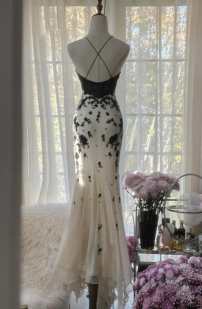 Mermaid Spaghetti Strap Chiffon Applique Long Prom Dresses with Scarf
