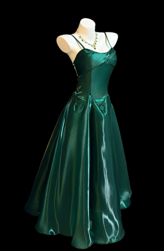 Green Prom Dress Spaghetti Straps Long Evening Dress Satin Formal Dress