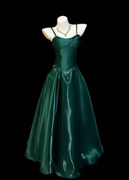 Green Prom Dress Spaghetti Straps Long Evening Dress Satin Formal Dress
