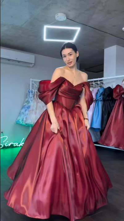 Burgundy Ball Gown Off The Shoulder Satin Beaded Puffed Sleeves Prom Gown