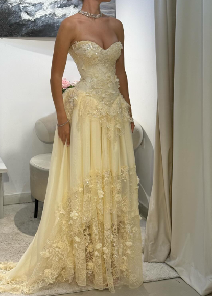 Fairy Strapless Floral Applique Long Prom Dresses Yellow Formal Evening Dresses
