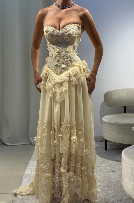 Fairy Strapless Floral Applique Long Prom Dresses Yellow Formal Evening Dresses