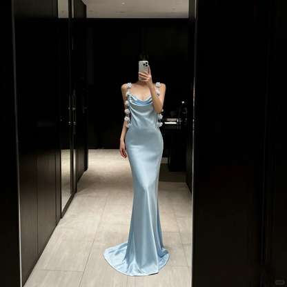 Gentle Blue Mermaid Formal Dress Outfits Spaghetti Strap Satin Long Evening Gowns