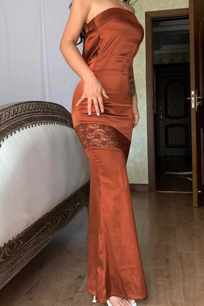 Strapless Satin Long Wedding Guest Dress Yellow Maxi Dresses