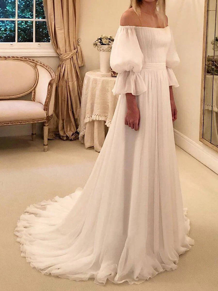 Elegant Chiffon Beach Wedding Dresses with 3/4 Sleeves – jkprom