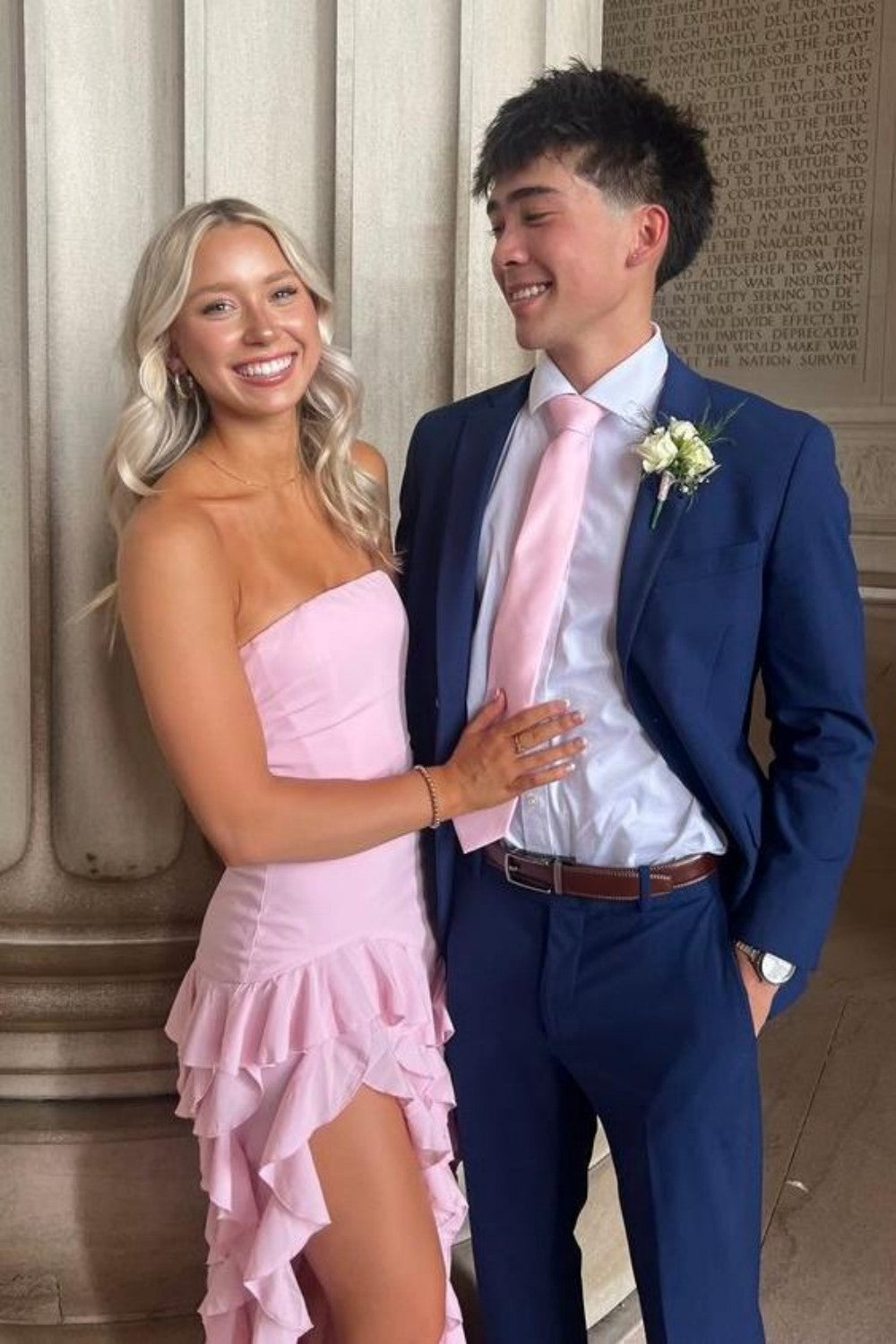 Elegant Pink Strapless Sheath Prom Dress with Cascading Ruffle