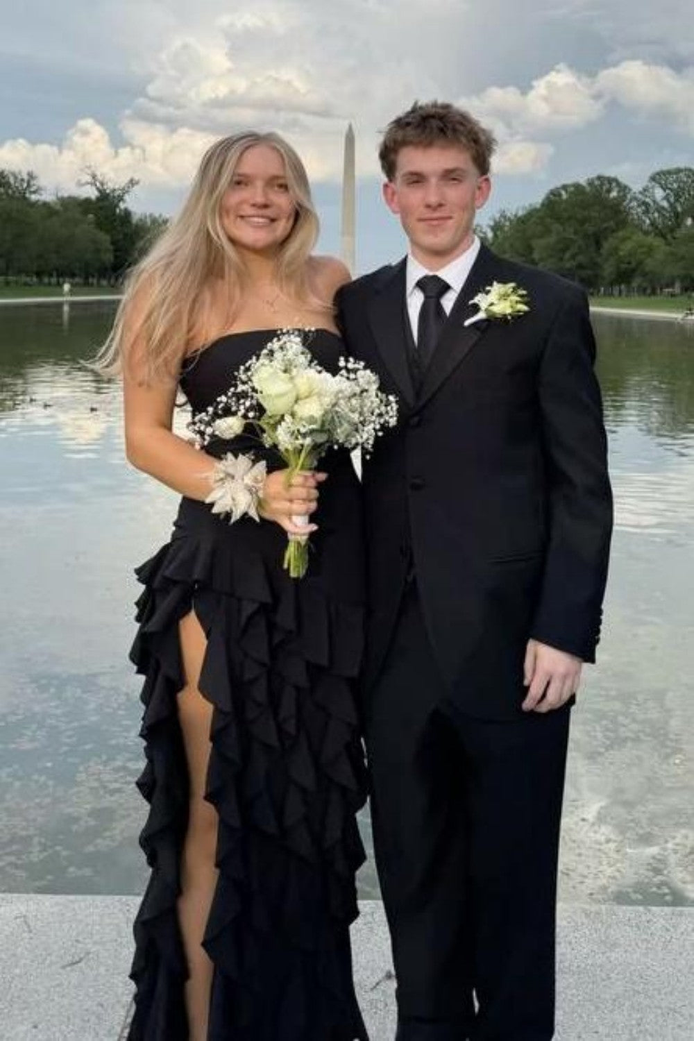 Elegant Pink Strapless Sheath Prom Dress with Cascading Ruffle