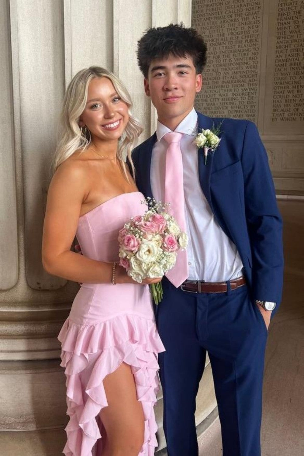 Elegant Pink Strapless Sheath Prom Dress with Cascading Ruffle