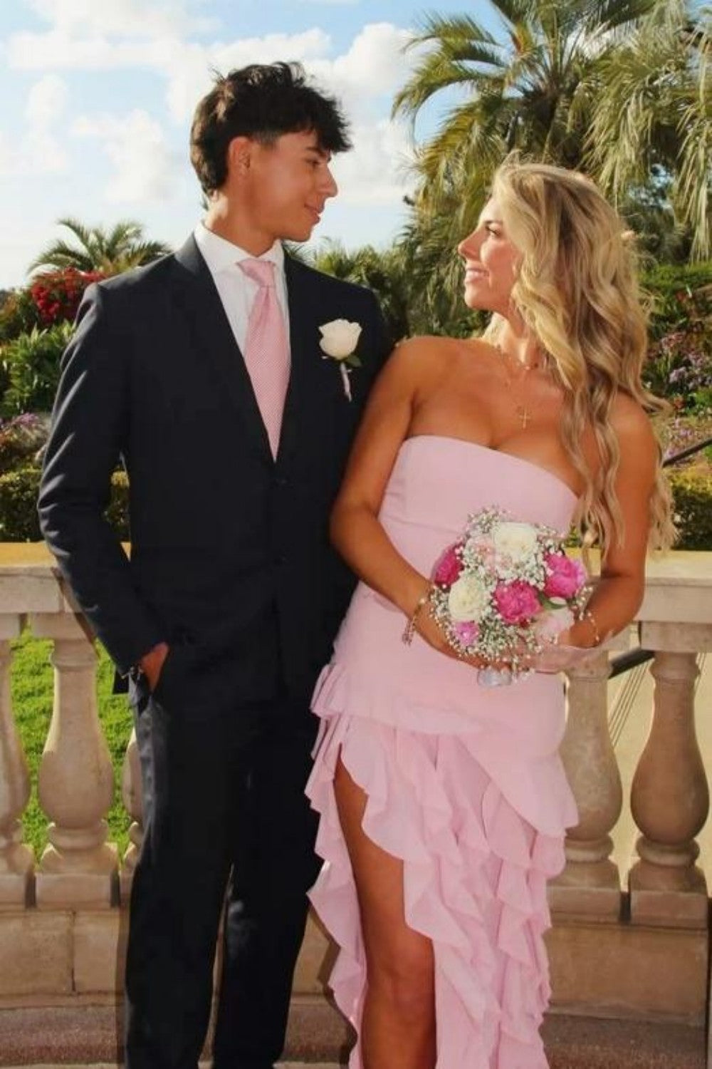 Elegant Pink Strapless Sheath Prom Dress with Cascading Ruffle