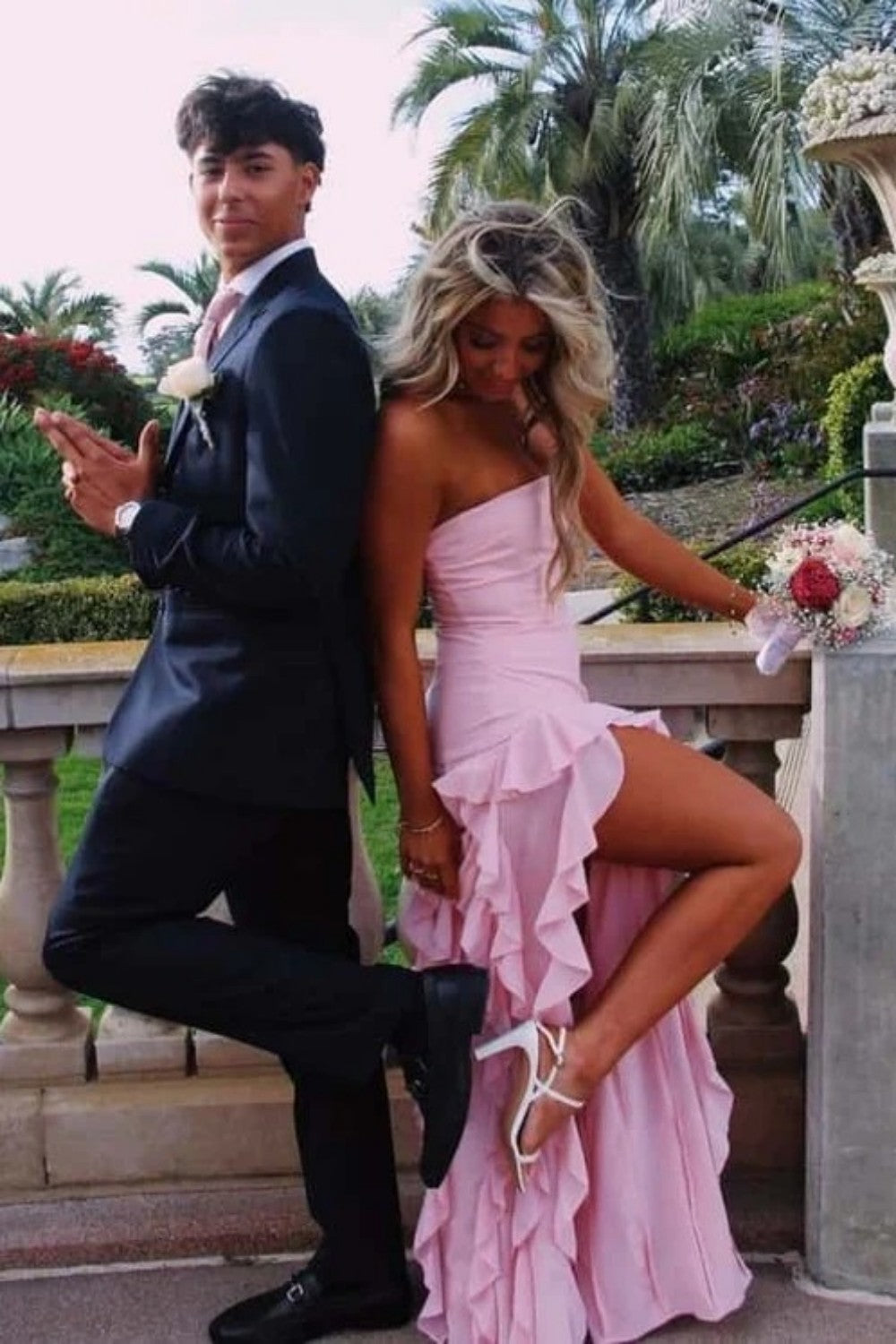 Elegant Pink Strapless Sheath Prom Dress with Cascading Ruffle
