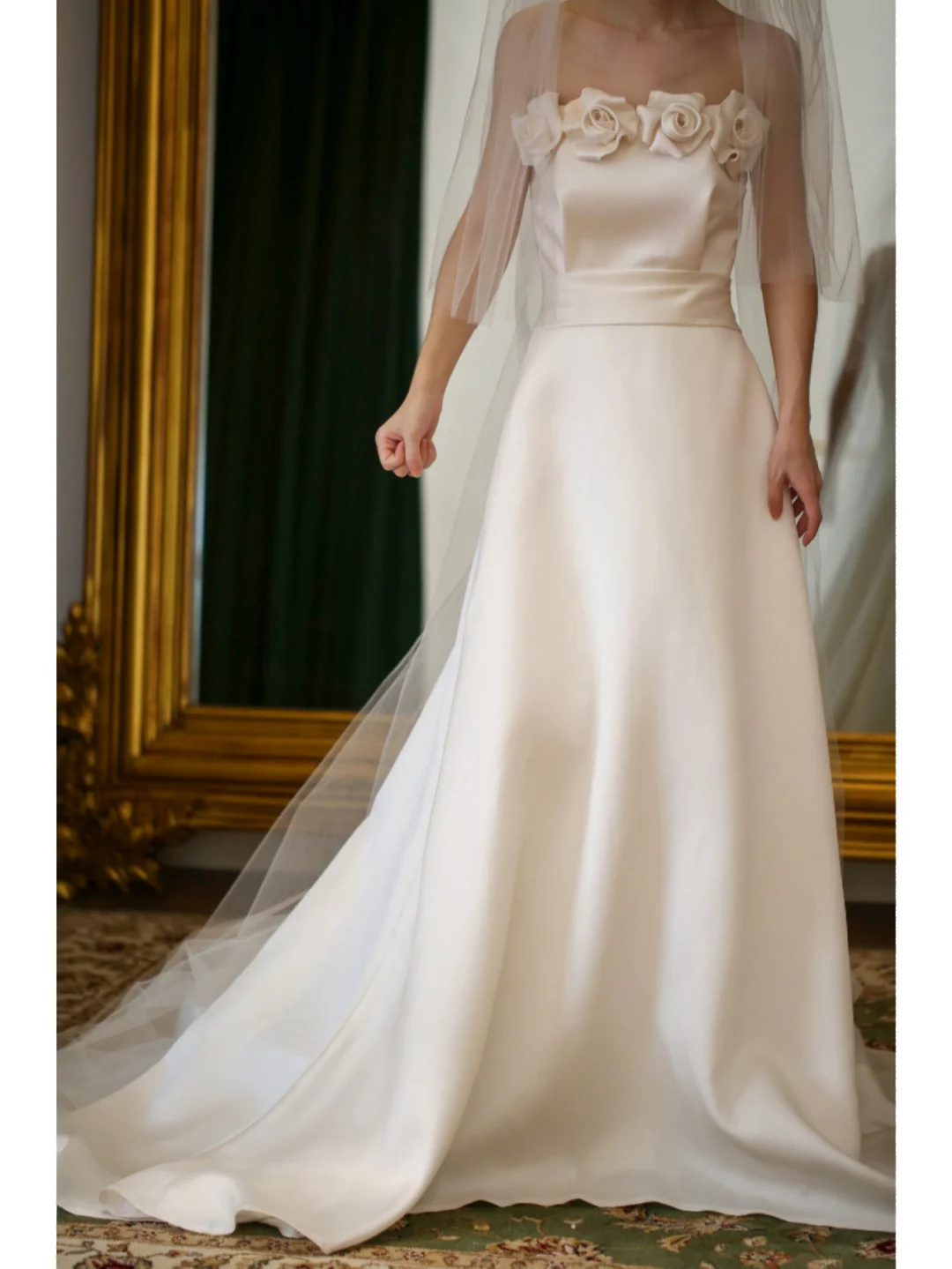Beautiful A Line Strapless White Satin Wedding Dress Long