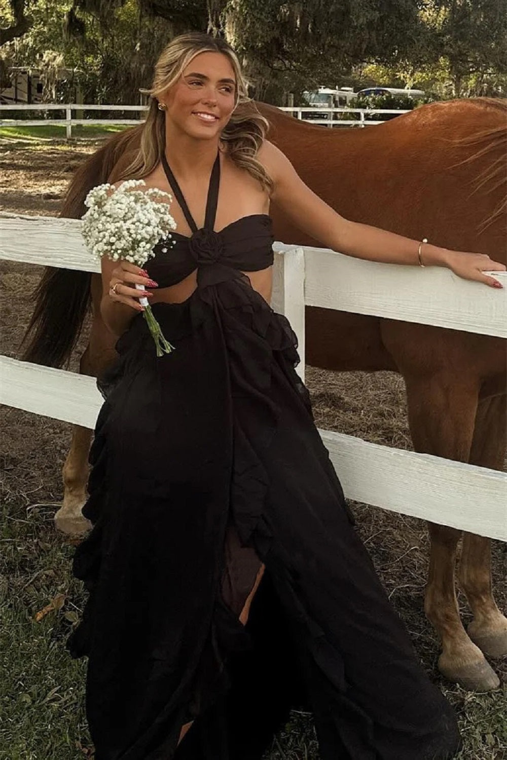 Pretty Halter Ruffle Chiffon Long Prom Dress Wedding Guest Outfit