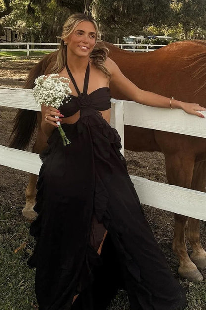 Pretty Halter Ruffle Chiffon Long Prom Dress Wedding Guest Outfit