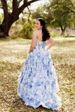 Fancy Floral Print Tiered Long Formal Dress Chiffon Prom Gown with Slit