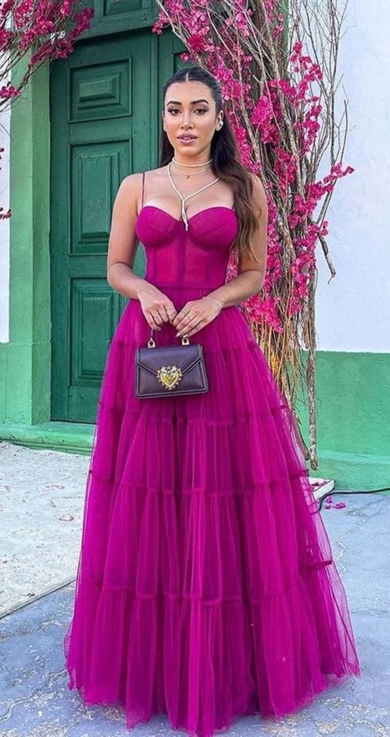 Fuchsia Prom Dresses Long,Tulle Formal Occasion Gown Evening