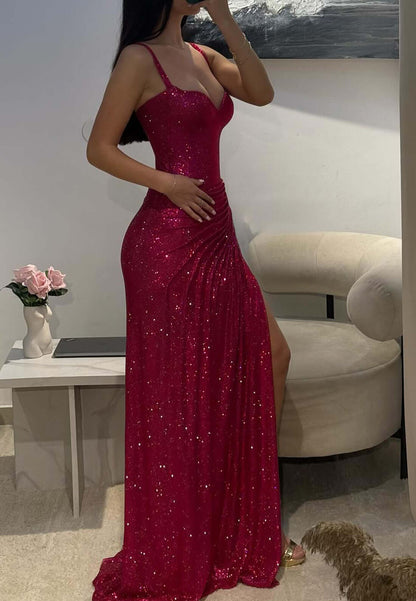 Amazing Fuchsia Sequin Prom Dress Long Mermaid Formal Gown with Split