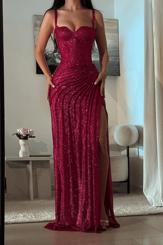 Amazing Fuchsia Sequin Prom Dress Long Mermaid Formal Gown with Split