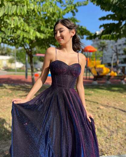 Sparkly Tulle Overlay Spaghetti Strap A Line Corset Prom Dress
