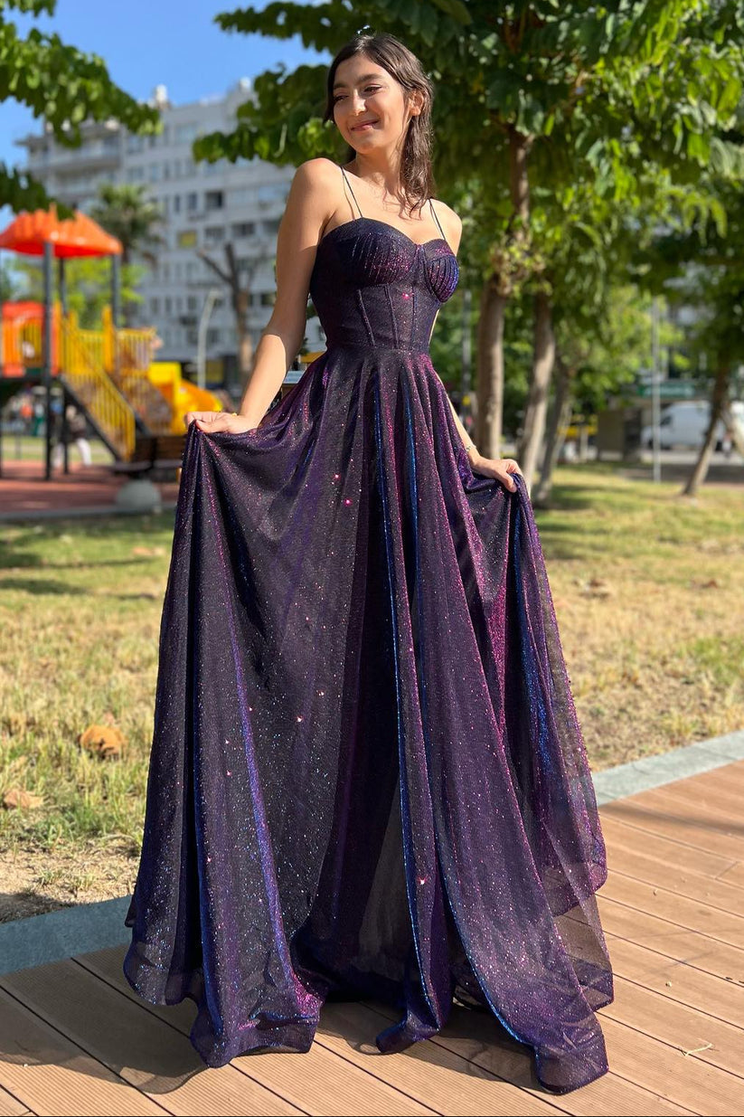 Sparkly Tulle Overlay Spaghetti Strap A Line Corset Prom Dress