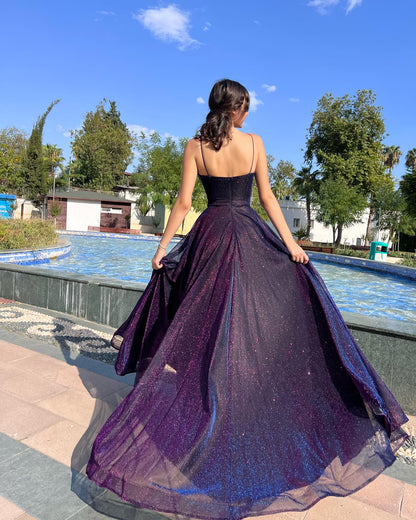 Sparkly Tulle Overlay Spaghetti Strap A Line Corset Prom Dress