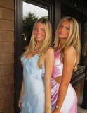 Fancy Sheath Ruffle Baby Blue Satin Prom Dress Evening Dresses