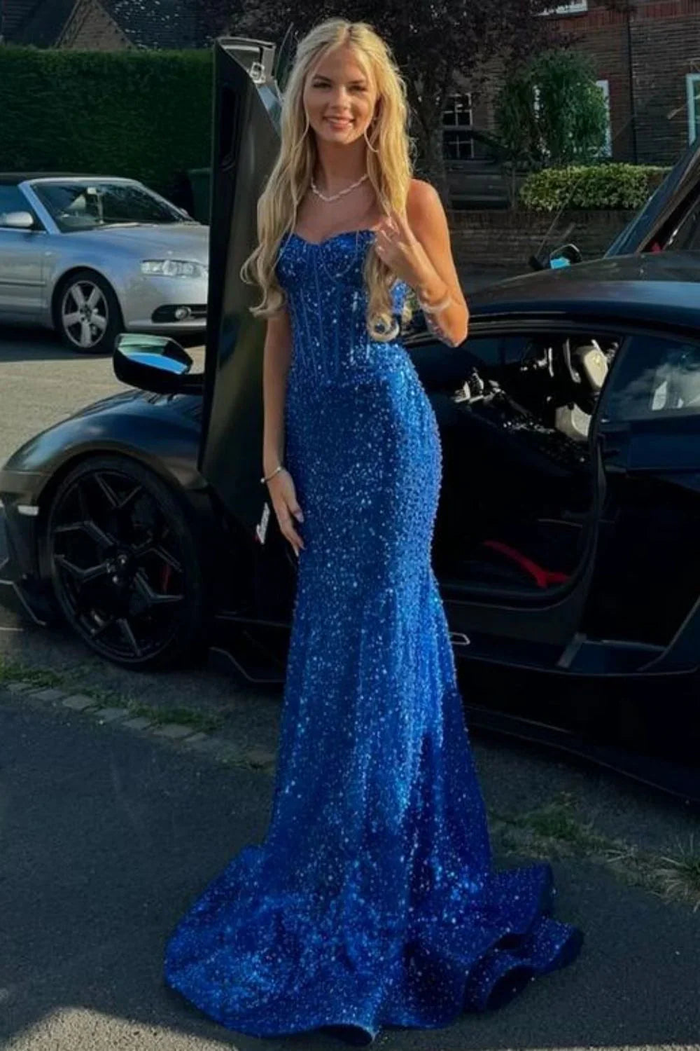 Glitter Blue Prom Formal Dress Long Mermaid Straps Holiday Dresses