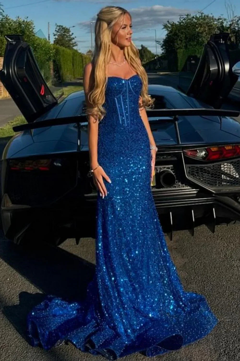 Glitter Blue Prom Formal Dress Long Mermaid Straps Holiday Dresses