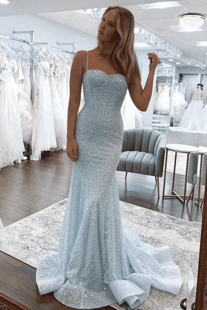 Glitter Blue Prom Formal Dress Long Mermaid Straps Holiday Dresses